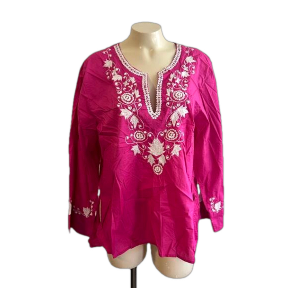 Natori floral embroidered beadedshirt /blouse sz XL